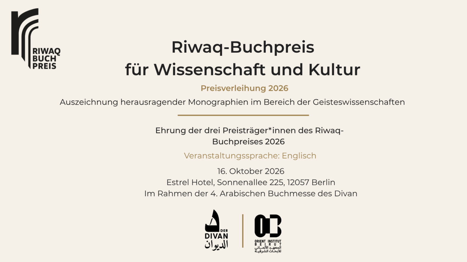 Einladung zur Verleihung des Ritaq- Buchpreises für Wissenschaft und Kultur 2026